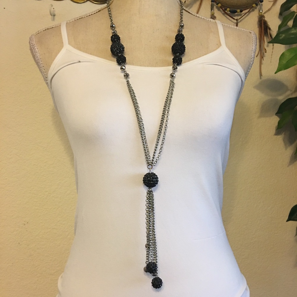 Black disco ball bead accented fringe necklace